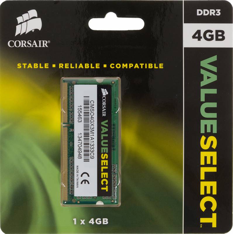 SO-DIMM DDR III 4096MB PC-10600 1333Mhz Corsair Value Select (CMSO4GX3M1A1333C9) 9-9-9-24 RTL