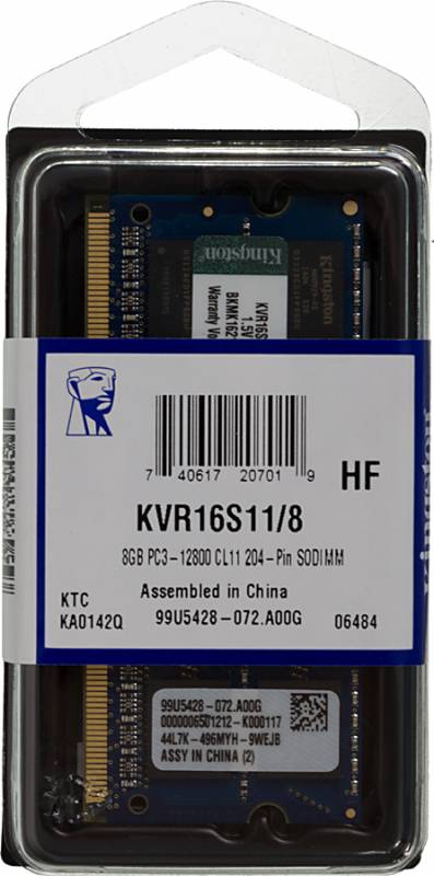 SO-DIMM DDR III 8192MB PC-12800 1600Mhz Kingston ValueRAM (KVR16S11/8) CL11 11-11-11 1.5V Dual Ranked(16) RTL