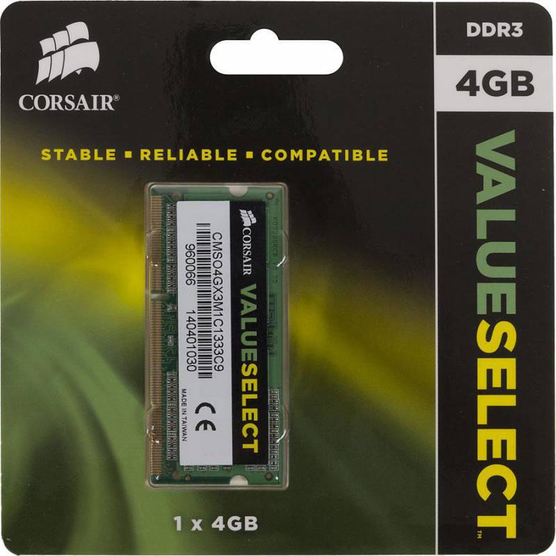 SO-DIMM DDR III 4096MB PC-10600 1333Mhz Corsair Value Select (CMSO4GX3M1C1333C9) 9-9-9-24 RTL