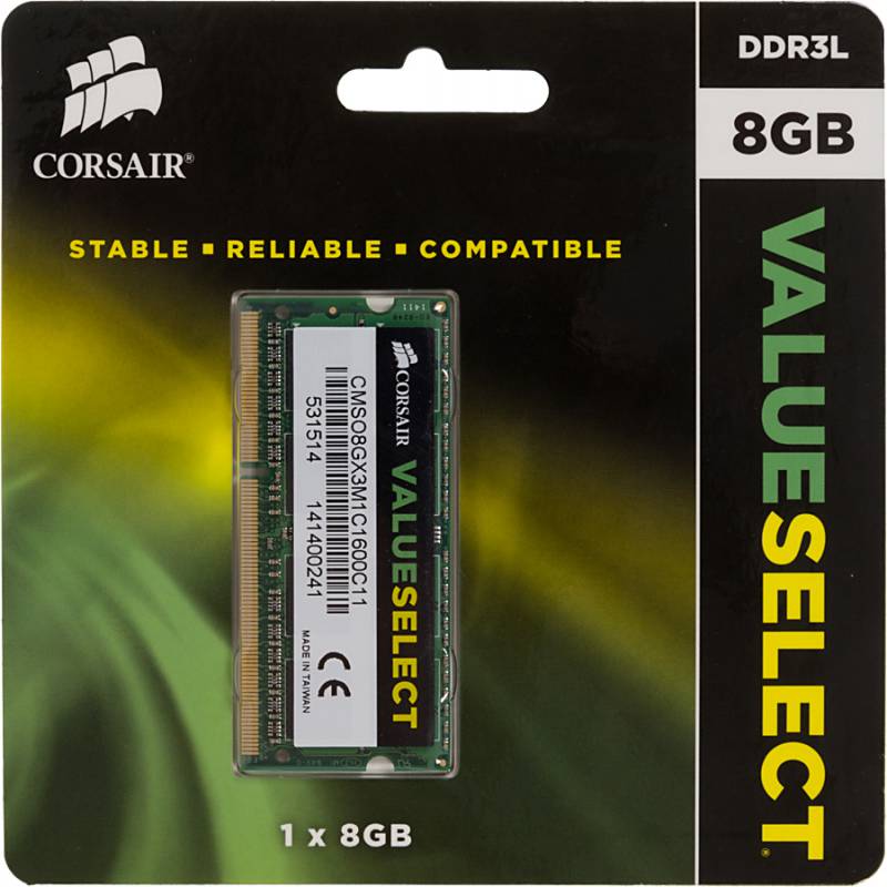 SO-DIMM DDR III 8192MB PC-12800 1600Mhz Corsair Value Select (CMSO8GX3M1C1600C11) CL11 11-11-11-28 RTL