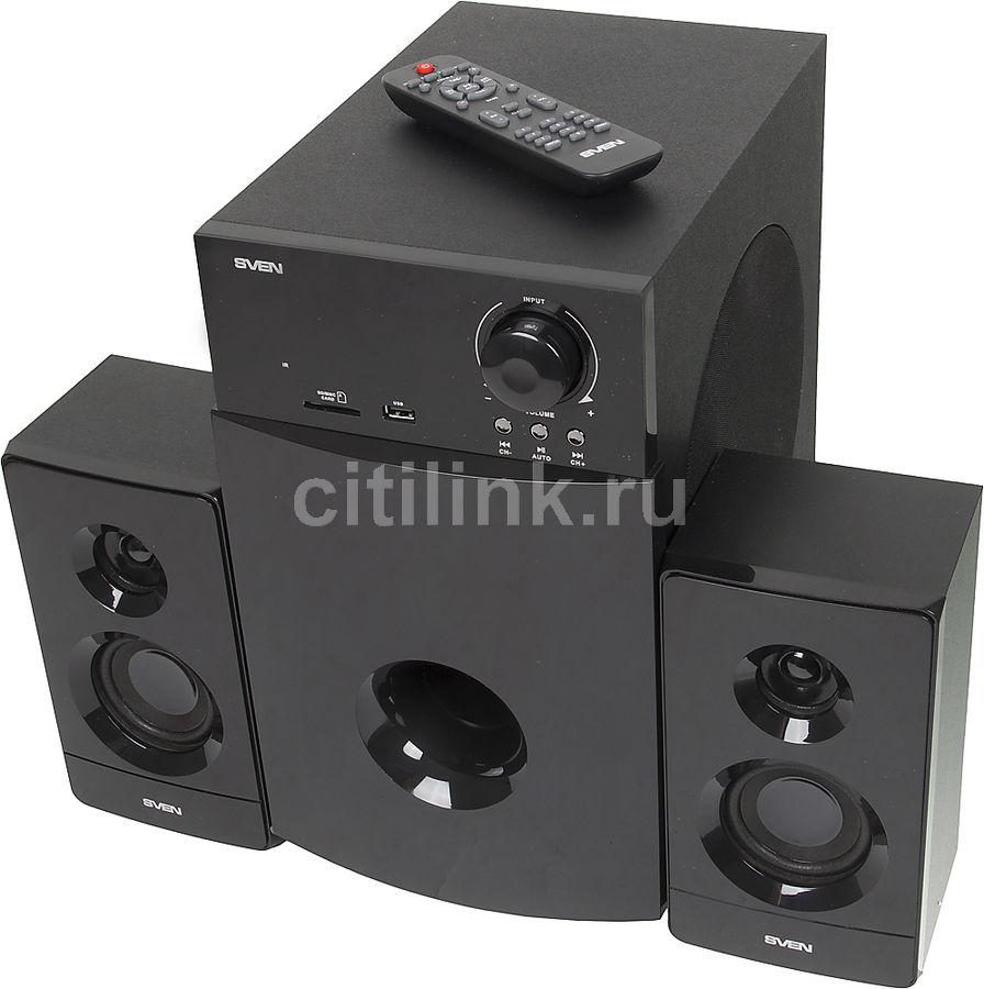 Колонки 2.1 Sven MS-2100 Black (2x15+50 Вт, 40-20000 Гц, пульт ДУ, FM+часы, цифровой VFD-дисплей, USB+SD ридер, сателлиты: 120x216x103 мм, сабвуфер: 198x345x300 мм)