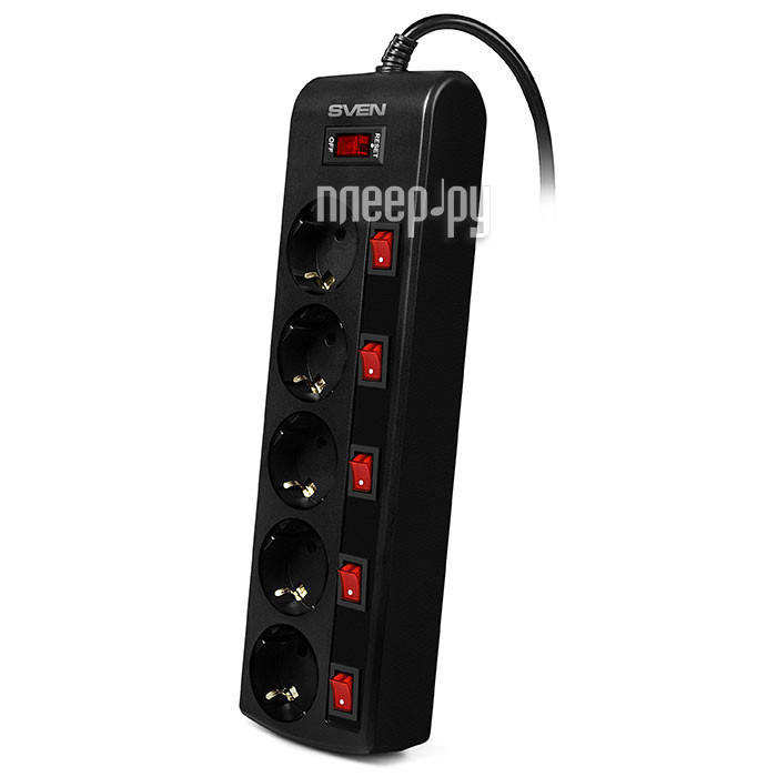 Сетевой фильтр-удлинитель Sven SF-05PL 3,0 м (5 розеток) Black