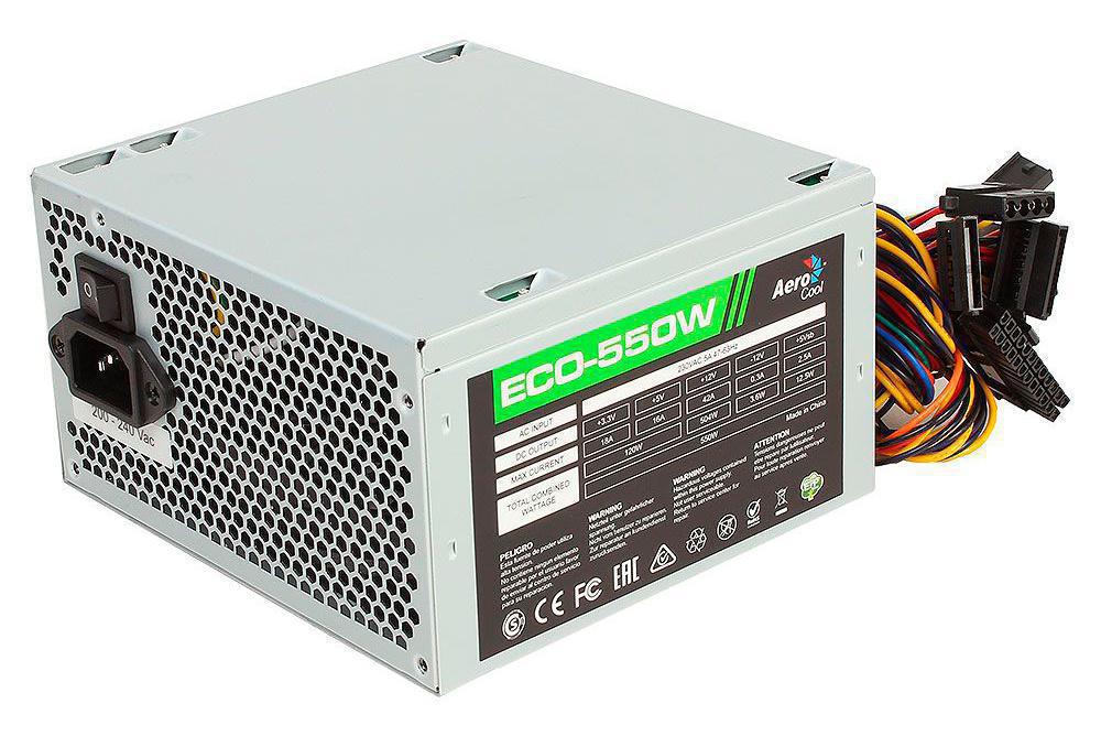 БП Aerocool 550W ECO-550W (ATX v2.3 Haswell, fan 12cm, 400mm cable, power cord, 20+4P, 12V 4+4P, 1x PCI-E 6+2P, 4x SATA, 3x PATA) RTL