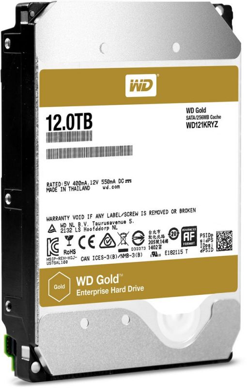 HDD 3.5" SATA-III WD 12TB Gold (WD121KRYZ) 7200RPM 256Mb 6Gb/s