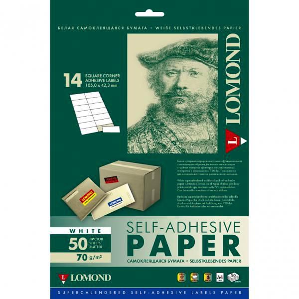 Бумага Lomond 2100085 (A4, 50 листов, 14 частей 105x41мм, 70 г/м2) White, бумага универсальная самоклеящаяся
