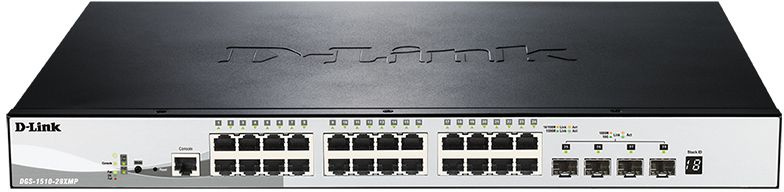 Switch Gigabit D-Link DGS-1510-28XMP/A1A  Управляемый стекируемый коммутатор SmartPro с 24 портами 10/100/1000Base-T и 4 портами 10GBase-X SFP+ (24 порта с поддержкой PoE 802.3af/802.3at (30 Вт), PoE-бюджет 370 Вт)