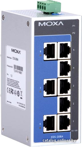 Промышленный неуправляемый коммутатор MOXA EDS-208A, 8 портов 10/100BaseT(X), IP30, от -10 до 60°C, DIN-Rail