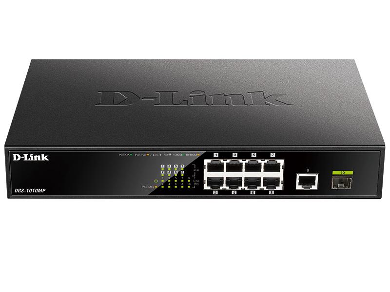 Коммутатор  D-Link DGS-1010MP/A1A, L2 Unmanaged Switch with 9 10/100/1000Base-T ports  and 1 1000Base-X SFP  ports(8 PoE ports 802.3af/802.3at (30 W), PoE Budget 125 W) 	 DGS-1010MP/A1A