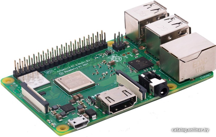 Микро-ПК Raspberry Pi 3 Model B+ (1GB RAM, Cortex-A53 (ARMv8) 64-bit SoC @ 1.4GHz Broadcom BCM2837B0 CPU, WiFi, Bluetooth, 40-pin extended GPIO, 4x USB 2.0, HDMI, CSI camera port, DSI displ.port, MicroSD port (137-3331), (БП и корпус покупается отдельно)