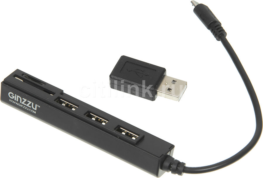 Card reader внешний Ginzzu GR-513UB MicroUSB OTG (USB/SDXC/microSDXC, черный) RTL