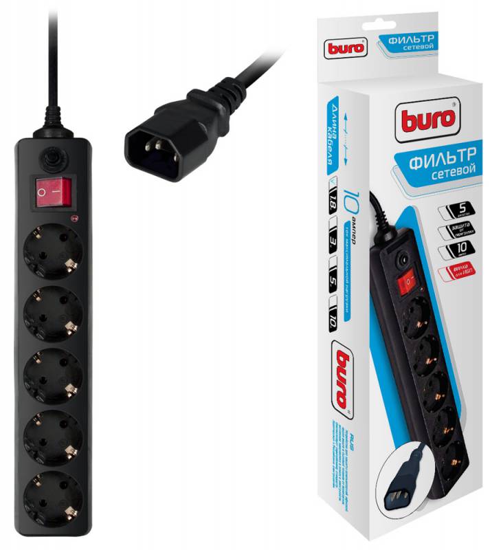 Сетевой фильтр-удлинитель Buro 500SH-1.8-UPS-B 1.8м (5 розеток) черный