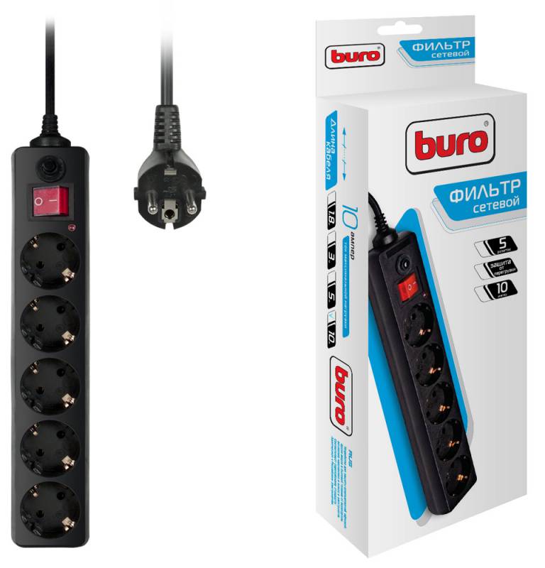 Сетевой фильтр-удлинитель Buro 500SH-10-B 10м (5 розеток) черный