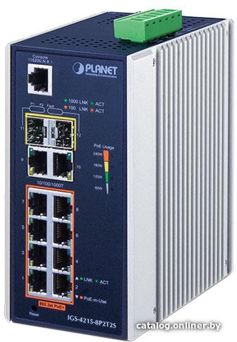 Switch Planet IP30 Industrial L2/L4 8-Port 10/100/1000T 802.3at PoE + 2-Port 10/100/100T + 2-Port 100/1000X SFP Managed Switch (-40~75 degrees C), dual redundant power input on 48~56VDC terminal block, SNMPv3, 802.1Q VLAN, IGMP Snooping, SSL, SSH, ACL (IGS-4215-8P2T2S)