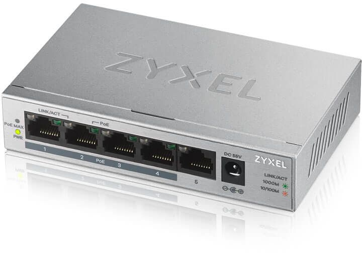 Switch ZyXEL GS1005HP Switch PoE +, 5xGE (4xPoE +), desktop, metal, silent, PoE budget 60 W (GS1005HP-EU0101F)