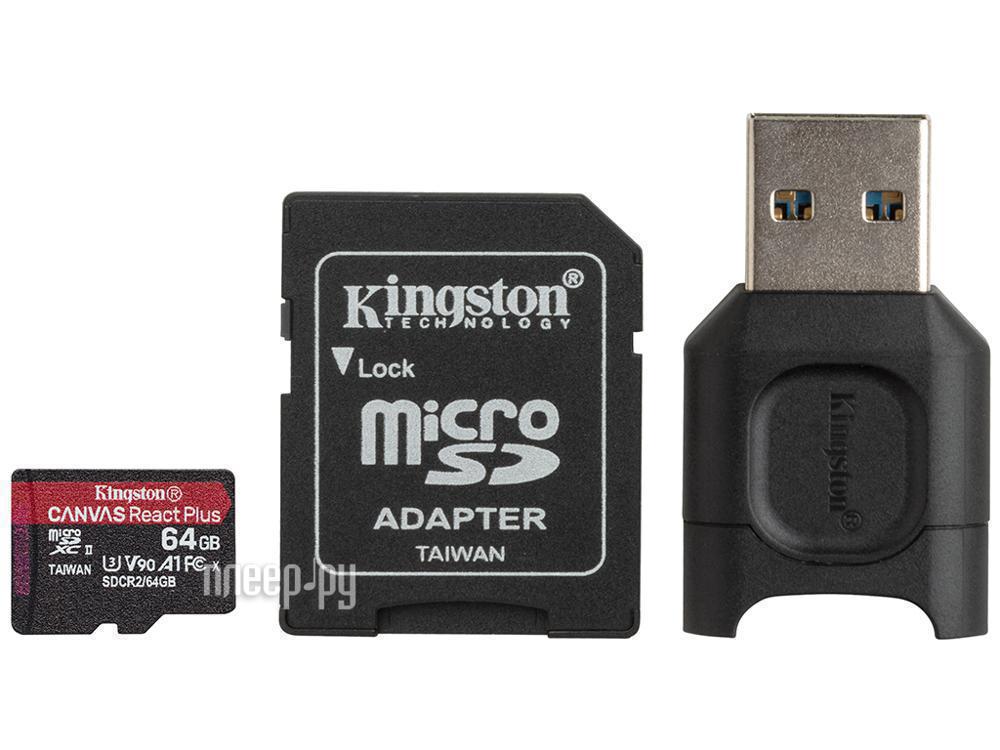 Micro SD 64 Gb Kingston Canvas React Plus UHS-II Video Speed Class V90 MLPMR2/64GB + adapter