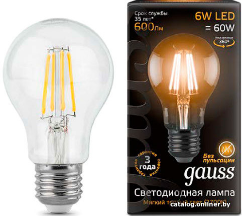 Лампа LED Gauss Filament A60 E27 6W 600lm 2700К 1/10/40 102802106