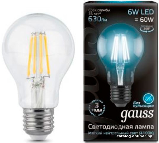 Лампа LED Gauss LED Filament A60 E27 6W 630lm 4100К 1/10/40 102802206