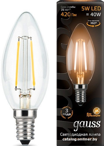 Лампа LED Gauss Filament Свеча E14 5W 420lm 2700К 1/10/50 103801105