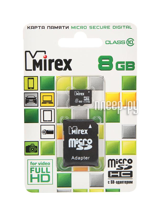 Micro SD 8Gb Mirex - Micro SDHC Class 10 13613-AD10SD08 с переходником под SD