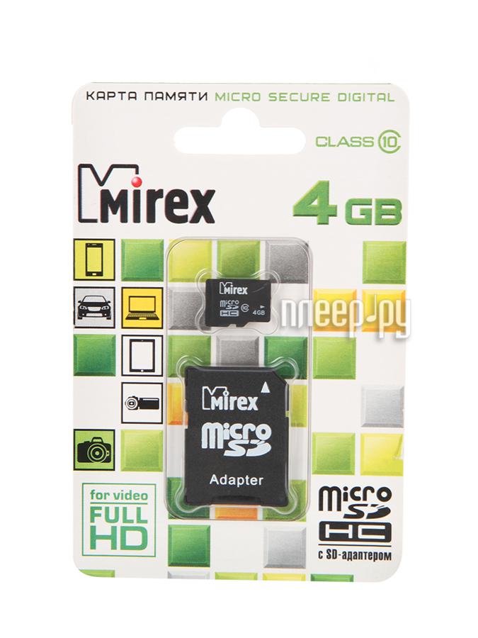 Micro SD 4Gb - Mirex - Micro Secure Digital HC Class 10 13613-AD10SD04 с переходником под SD