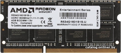 SO-DIMM DDR 3 4GB PC-12800 1600Mhz AMD (R534G1601S1S-U) Radeon R5 Entertainment Series Black Non-ECC CL11 1.5V Retail