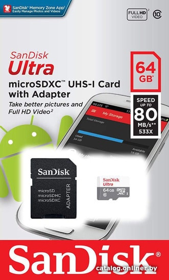 Micro SD 64 Gb SanDisk UHS-I SDSQUNR-064G-GN3MA + переходник под SD