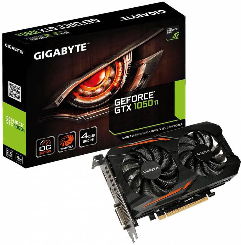 NVIDIA GeForce Gigabyte GTX1050 Ti OC (GV-N105TOC-4GD) (rev. 1.1) 4GB DDR5 (128bit, Fansink, 1341(1455)/7008MHz) DVI HDMI DP RTL